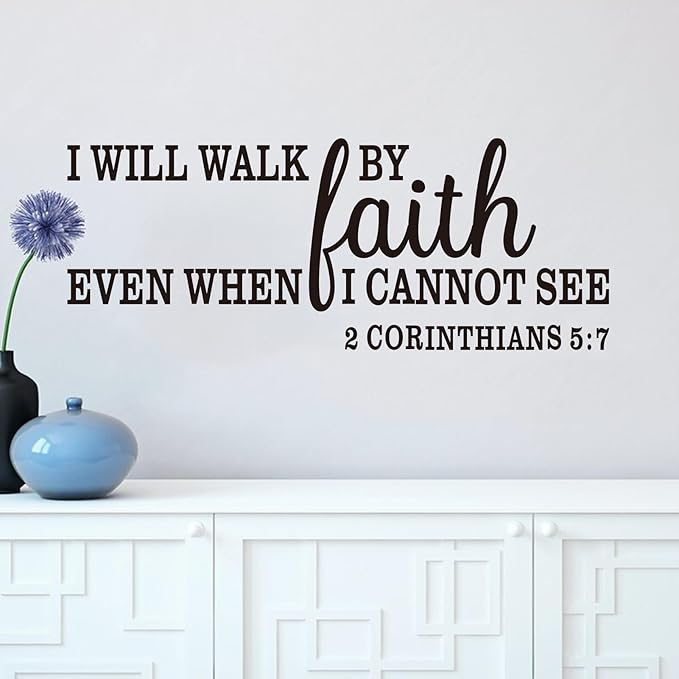 Christian Wall Decals for Living Room: Bible Verse Quotes Inspirational Bedroom Vinyl Art Wall Stickers - I Will Walk by Faith 32" X 12.5"