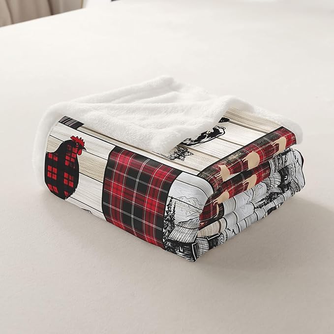 Rustic Farm Animal Fleece Bed Blanket Twin 60"X80" Retro Buffalo Plaid Farmhouse Cabin Throw Blanket Country Sheep Chicken Cow Print Sherpa Blanket,Grid Windmill Flannel Blanket Red Black Grey