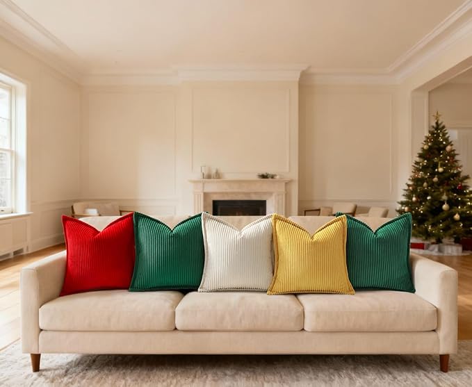 Mecatny Christmas Corduroy Throw Pillow Covers 12x20 Set of 2, Neutral Decorative Soft Boho Lumbar Couch Pillow Covers with Broadside for Sofa Living Room, Green