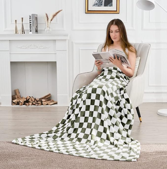 Checkered Blanket Flannel Throw Blankets Soft Cozy Checkered Grid Print Chessboard Gingham Pattern Throws for Bed Sofa Couch for All Seasons, 50x60 Inch, Dark Olive
