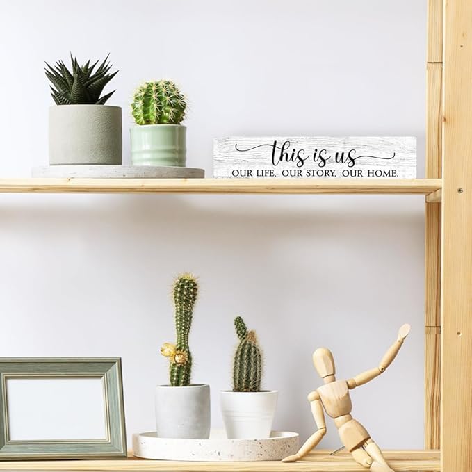 AGMDESIGN This is Us Our Life Our Story Our Home Wood Sign, Heartwarming Family Wall Decor for Shelf Desk Door, Wooden Hanging Sign for Country Farmhouse Bedroom Kitchen Entryway Hallway