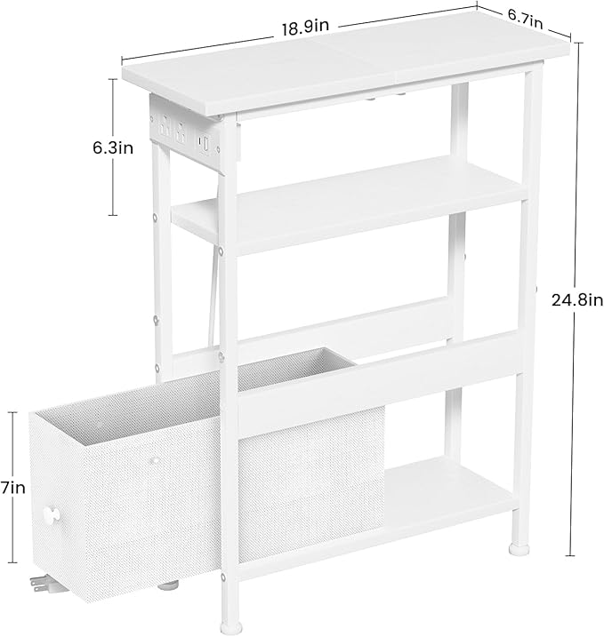 Narrow Bedside Table with Charging Station and LED Light, Skinny Nightstand with USB Ports & Type-C, End Table with 1 Fabric Drawer, Slim Side Table for Bedroom, Nursery, Living Room, White