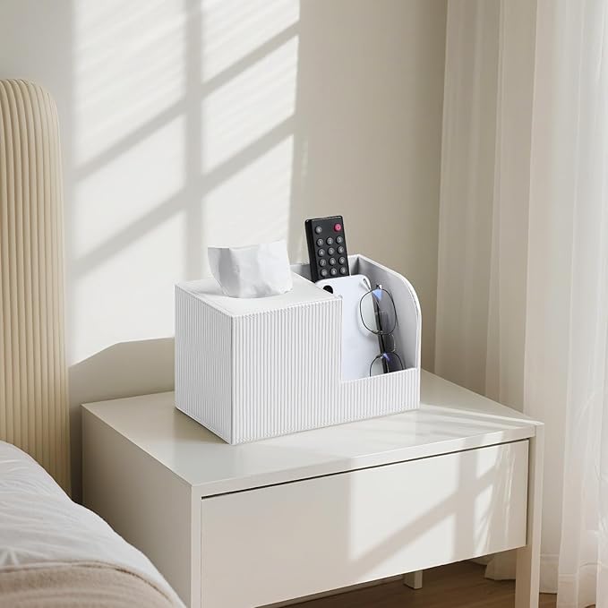 Square Tissue Box Cover with 2 Compartments Storage Organizer, PU Leather Tissue Box Holder with Remote Control Holder for Livingroom Nightstand, Multifunctional Cube Tissue Holder (White)