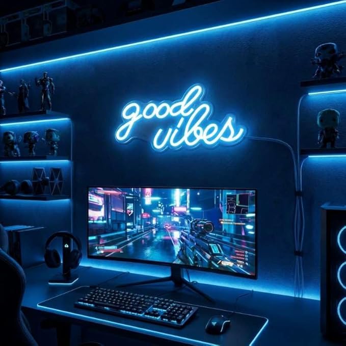 DECANIT Good Vibes Neon Sign Ice Blue, Cool LED Light for Wall Decor, Game Room, Man Cave, Bar, Streamer Setup, USB Powered Gamer Gift, 16.1x8.3 Inch