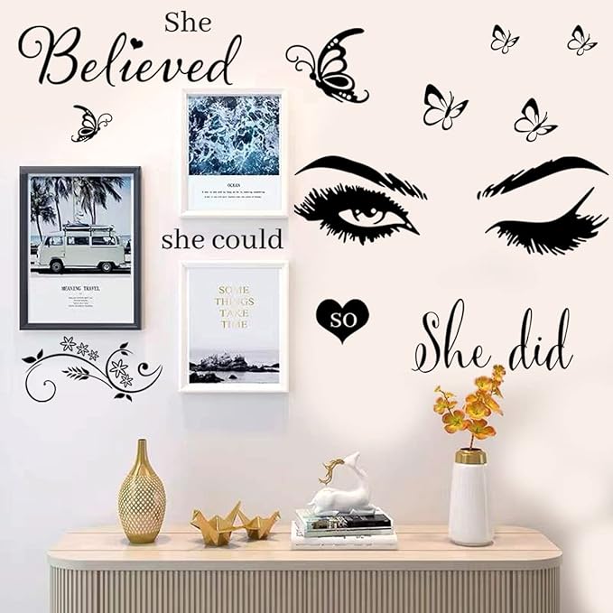 Wall Sticker Saying Vinyl Wall Decals Eyelash Eyes Inspirational Quotes She Believed She Could So She Did Wall Decal Butterfly Wall Stickers for Bedroom Living Room Classroom Office Girl Room Home