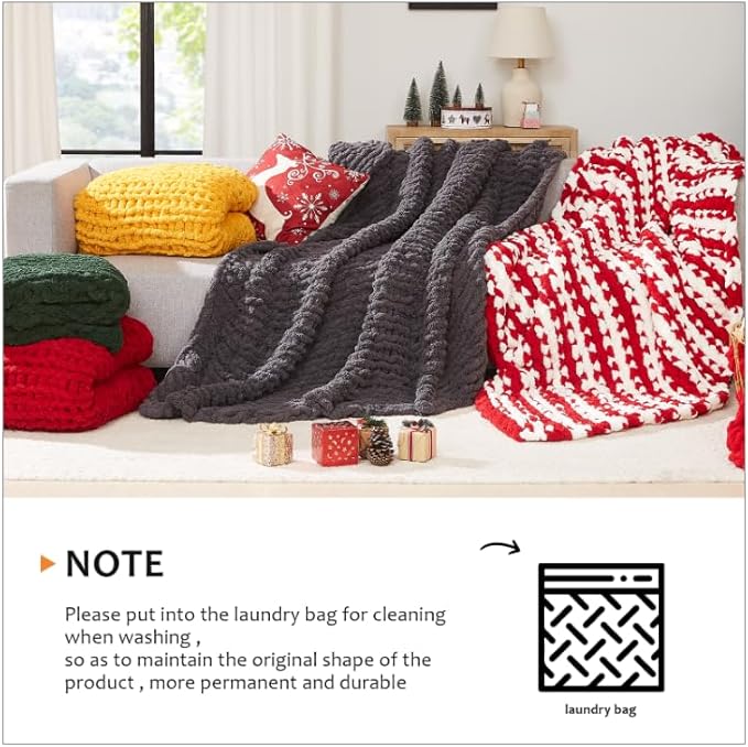 L'AGRATY Chunky Knit Blanket Throw: 80''x90'' Chenille Chunky Knitted Throw Blanket for Bed Couch - Handmade Thick Big Cable Knit Blanket - Large Chunky Crochet Rope Blanket for Home Decor(Ivory)