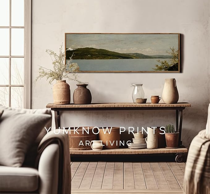 Framed Canvas Wall Art for Bedroom - Long Horizontal 13.5x40" Above the Bed - Vintage Farmhouse French Country - Lake Mountain Muted Moody Landscape - Cottagecore Aesthetic Master Guest Room Decor