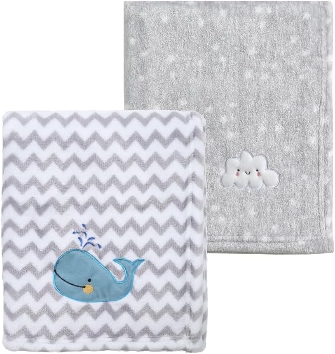 CREVENT 2Pcs 30''X40'' Cute Cozy Fluffy Warm Baby Blankets for Infants Toddlers' Bedding Crib Cot Stroller - Grey Cloud + Whale