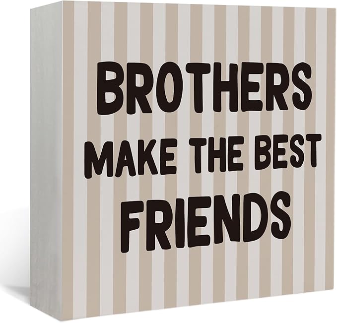 Lacama Boy Nursery Decor Wooden Box Sign, Brothers Make the Best Friends Decorations Wood Block Signs, Retro Neutral Striped Wood Sign for Toddler Boys Room Playroom Desk Shelf Wall Decor 5x5 Inches