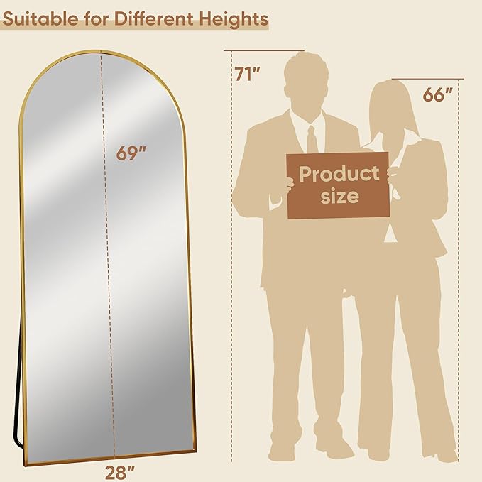 69"x28" Full Length Mirror, Arched Full Body Mirror, Standing Hanging or Leaning Floor Mirror for Bedroom and Living Room, Gold