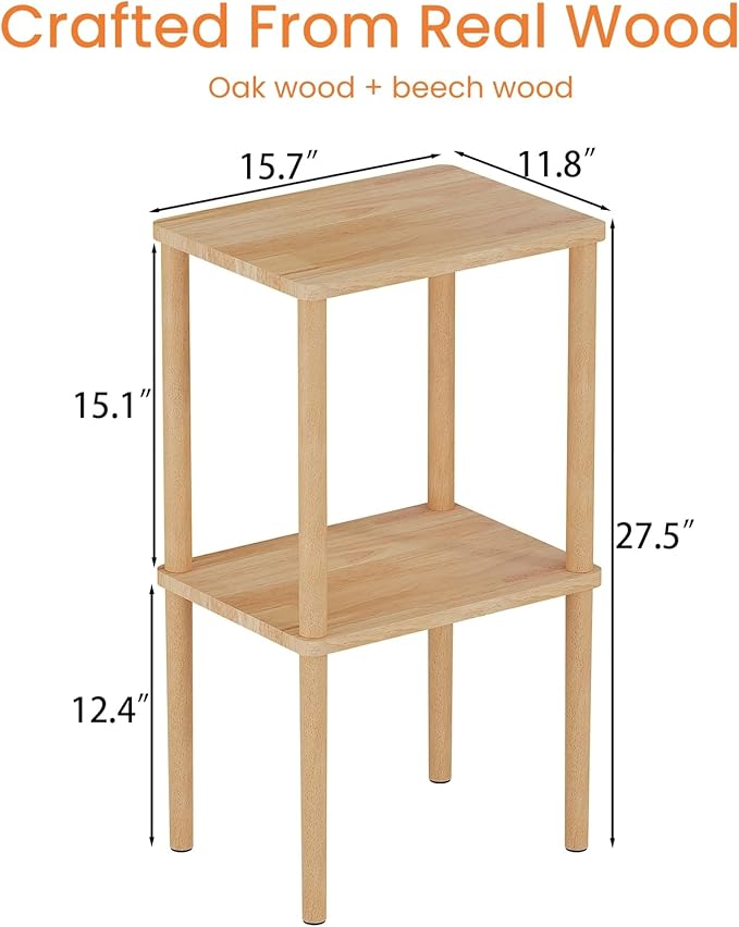 Solid Wood Side Table, 2-Tier Tall End Table with Storage Shelf, Small Nightstand Bedside Table for Bedroom, Living Room, Kids Room & Small Spaces, No-Tool Assembly,(Natural)