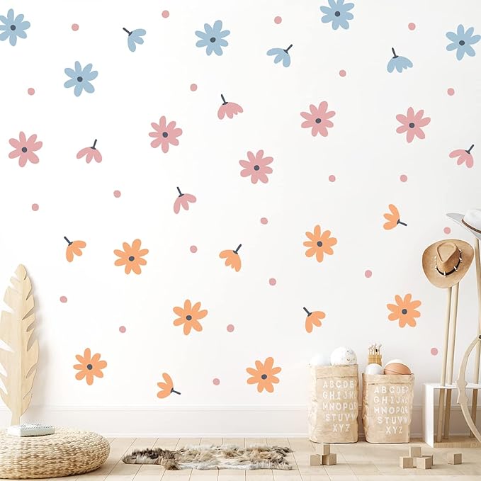 Daisy Wall Decals,Flower and Dots Retro Decor for Bedroom, Nursery, Kids’ Room(2)