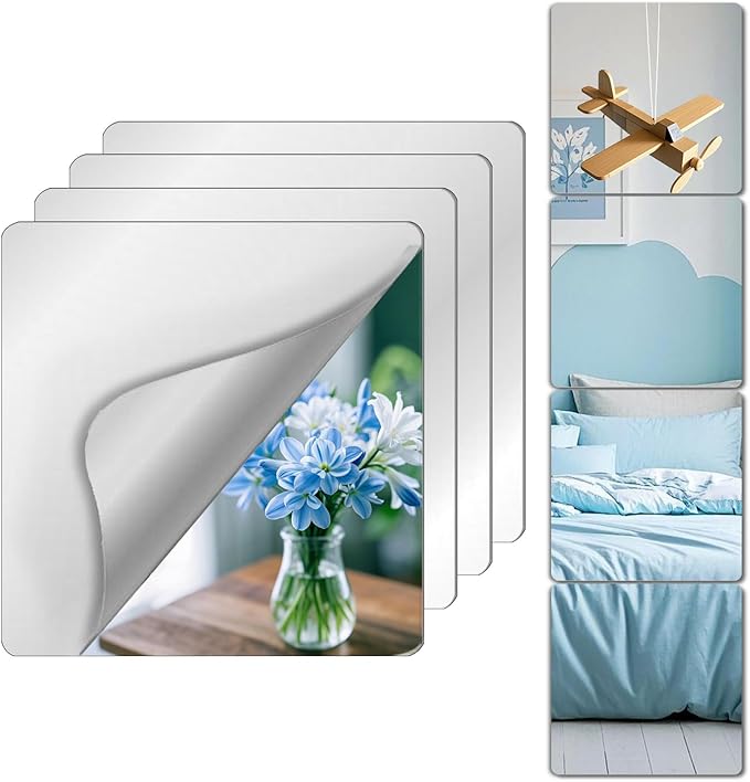 Unbreakable Mirror Tiles, 8PCS 14”x14” Peel And Stick on Mirror for Wall Mirrors Decorative, Toddlers for Kids Bedroom, Plastic Gym Frameless Door Small Adhesive Mirrors for Classroom Decor Stickers