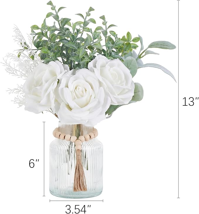 Mkono Fake Flowers in Vase, Artificial Flowers Centerpieces Coffee Table Decor Faux Flowers Arrangement for Home Decor Indoor Floral Bouquet for Bathroom Dining Kitchen
