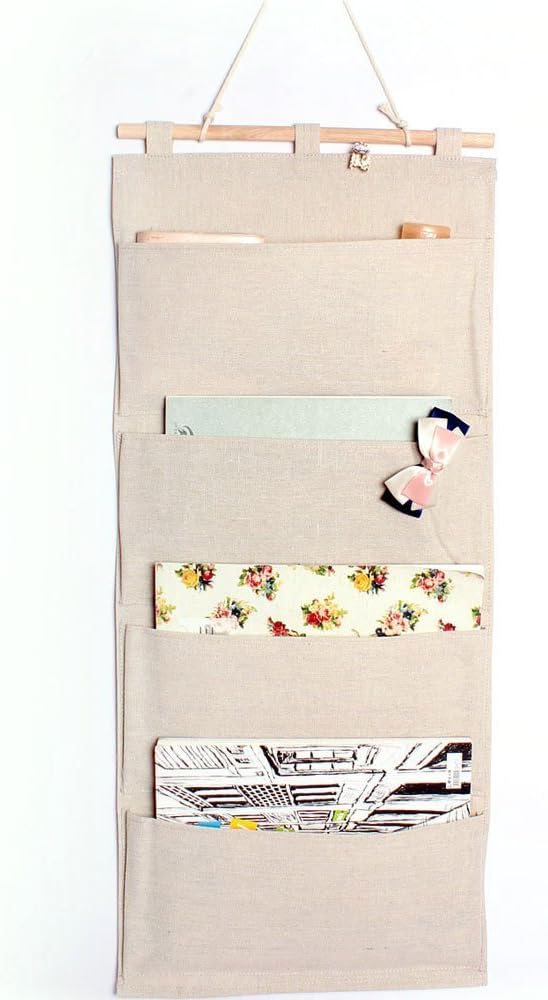 Co-link Linen/Cotton Fabric Wall Door Cloth Hanging Storage Pockets Books Organizational Back to School Office Bedroom kitchen rectangle Home Organizer Gift (4 Pockets)