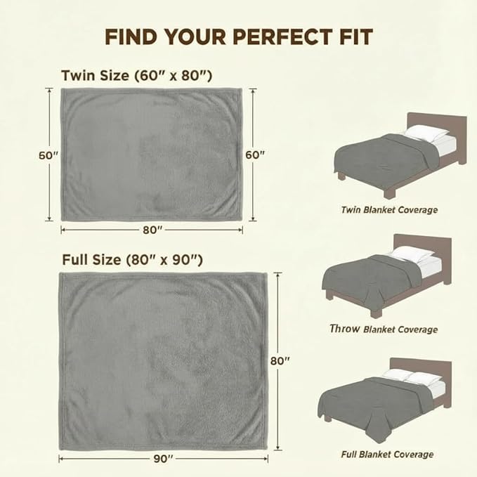 Fleece Blanket Full/Queen - 80x90 Inch Lightweight & Buttery-Soft Throw for Bed, Sofa, Camping | 300GSM Cloud-Touch Microfiber | Cozy Essentials for Travel & Movie Nights, (Grey)