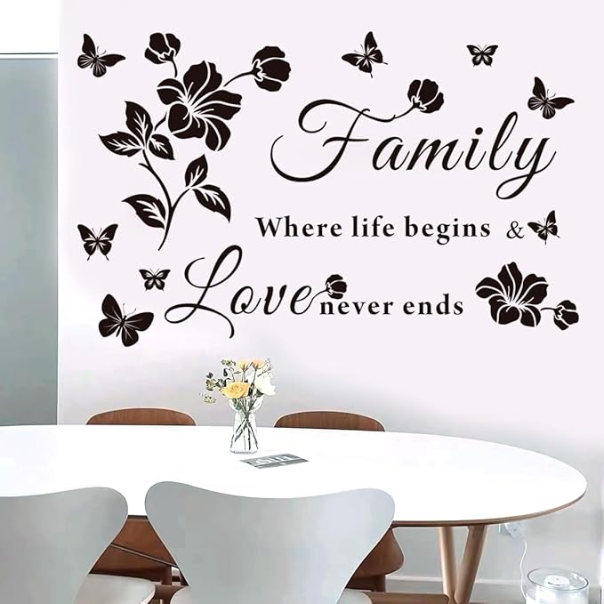 Family Wall Decor Stickers, Black Floral Quote Wall Decal Vinyl Sticker for Living Room, Bedroom, Kitchen, Dining, Office, Glass Surface
