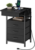 HOOBRO Nightstand with Charging Station, Bedside Table with Fabric Drawers, End Table with Lockable Hidden Compartment, 2 AC Outlets, 1 USB-A, 1 Type-C, for Bedroom, Black BB143UBZ01