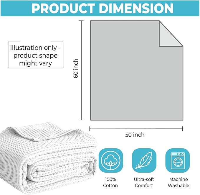 100% Cotton Blankets for Bed - Waffle Weave Blankets for Summer, Lightweight and Breathable Soft Woven Blanket for Spring (White, Throw (50" x 60"))