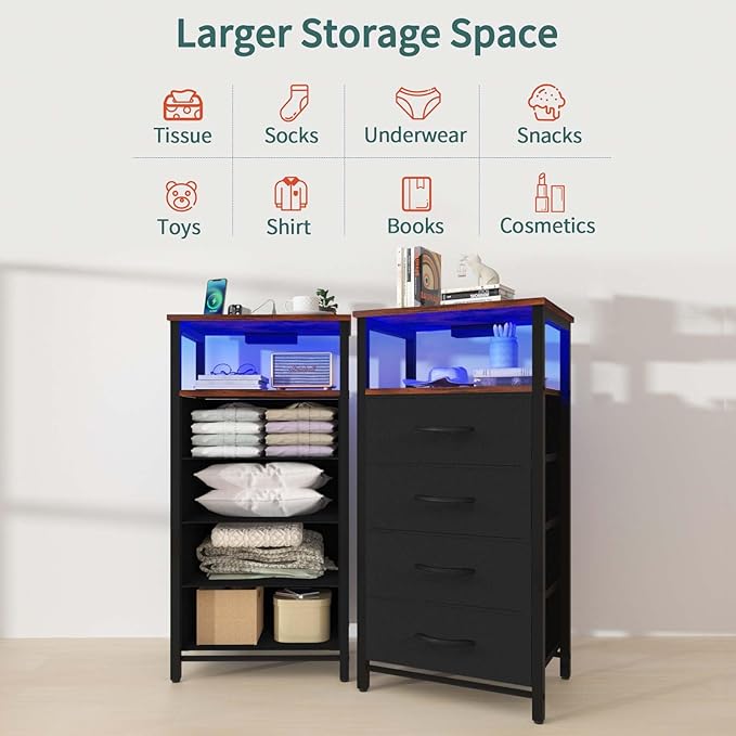 Yoobure Night Stand - LED Nightstand with Charging Station, Tall Dresser for Bedroom, Bedside Table with 4 Fabric Storage Drawers and Storage Shelf, End Table with USB Ports and Outlets