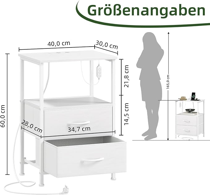 Somdot White Nightstand with Charging Station and LED Light for Bedroom, 2 Drawers Dresser with Fabric Bins for Bedside Kids Dorm Room Closet Laundry Entryway, White Leather