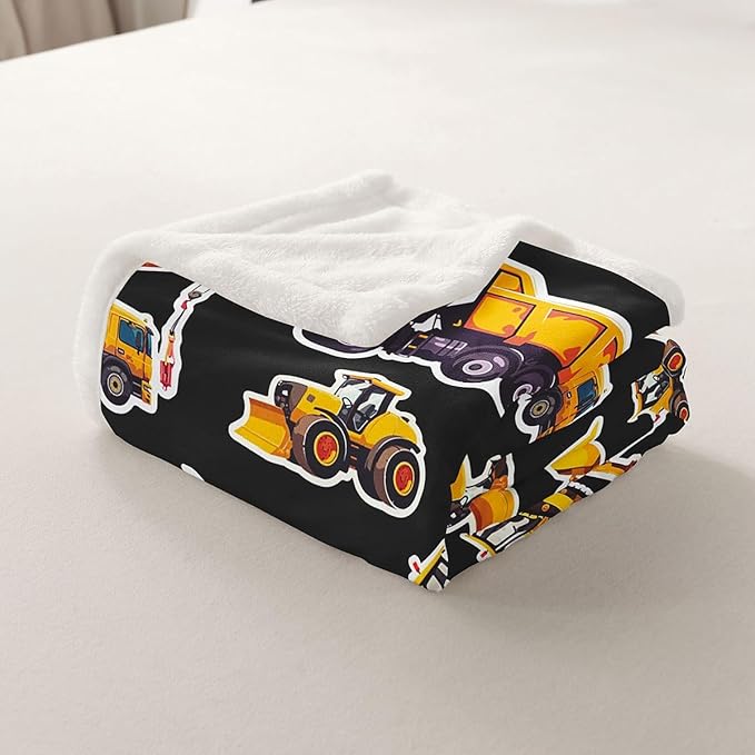 Excavator Sherpa Blanket Under Construction Fleece Blanket Cartoon Truck Tractor Blanket Throw For Kids Boys Young Backhoe Cranes Heavy Equipment Fuzzy Blanket Sofa Decor Queen 90"x90" Yellow
