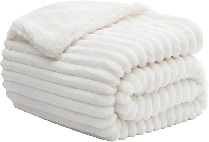 INFIIXSO Sherpa Fleece Queen Size Blanket - Super Soft & Warm Striped Fleece, Cozy Plush Fluffy Large Bed Blanket All Season Use (Off White, 90x90 Inches)