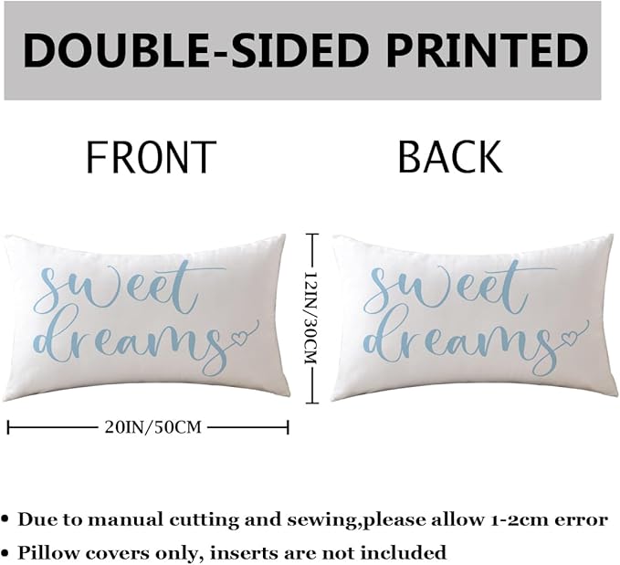 Bedding Decorative Lumbar Pillowcases Sweet Dreams Good Night Cushion Covers Sleep Themed Throw Pillow Covers 12''x20'',2Pack Super Soft for Bedroom Guest Room Housewarming Gifts (Light Blue)