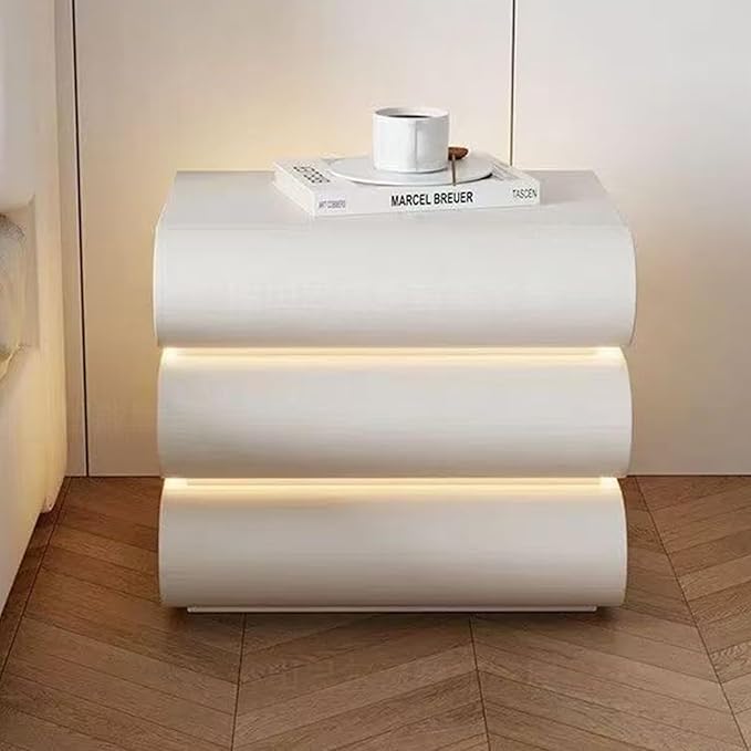 White Night Stand with LED Light, Leather Nightstand, Modern Bedside Table with 3 Solid Wood Drawers, No Assembly Required(19.7''H) (White)