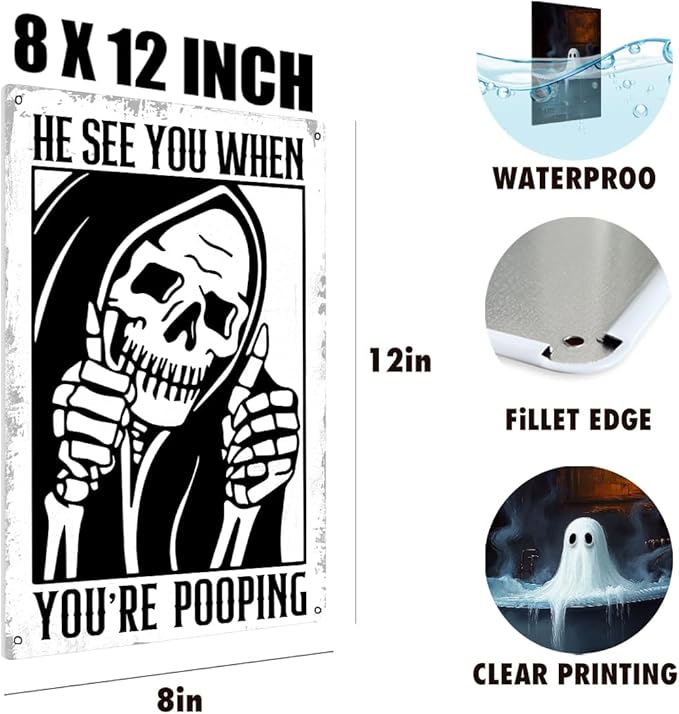 Funny Gothic Bathroom Home Decor Metal Tin Sign: Funny "He Sees You When You Are Pooping?" Bathroom Wall Art Decor for Skull Lovers 8 X 12 Inch