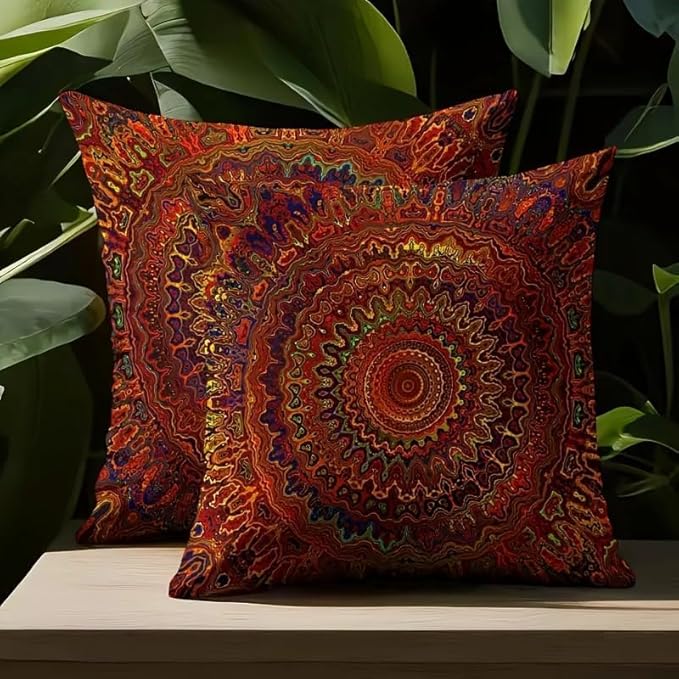 Decorative Linen Throw Pillow Covers, Mandala Pattern, Set of 2 18x18 pillows Red Fantasy Golden Mandala Bohemian Style Modern Decorative Square Pillowcases for Sofa Couch Bedroom Living Room Car