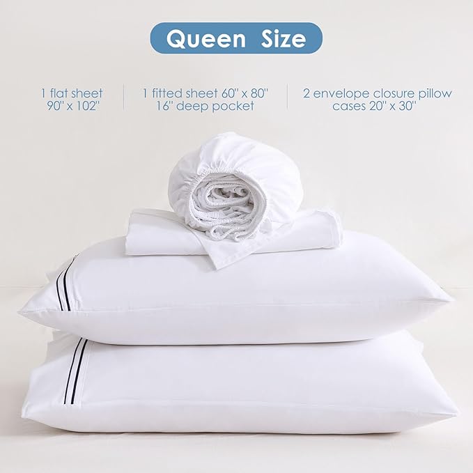 JSD White Queen Sheet Set with Side Pocket Corner Straps, 4 Piece Soft Microfiber Bed Sheets Extra Deep Pocket