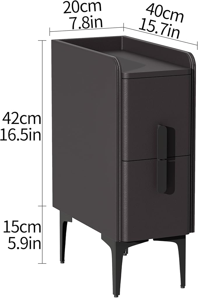 VICITON Narrow Nightstand with 2 Drawers, Narrow Side Table Leather Surface, Slim Bedside Table for Bedrooms, Dormitories, Living Rooms (Dark Gray, 15.7" D x 7.8" W x 22.4" H)