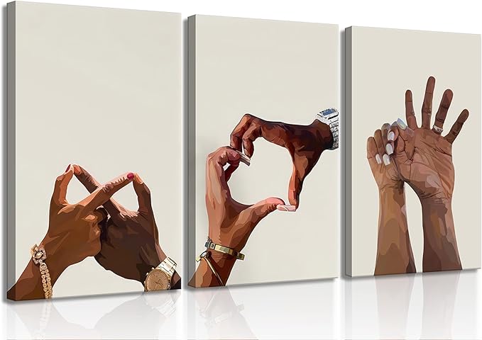 3Pcs Black Couple Canvas Wall Art Holding Hands Heart Love Wall Decor Afro Women Men Poster Prints for Living Room Bedroom Bathroom Decorations (16x24in Canvas)