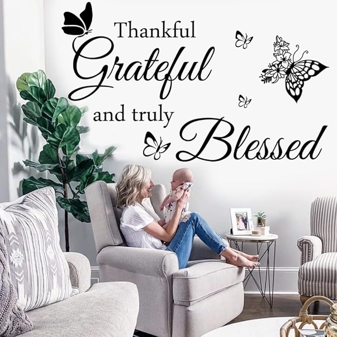 Faith Vinyl Lettering Thankful Grateful and Truly Blessed Inspirational Quote Decor for Home Decor Living Room Kitchen Office Wall Decoration