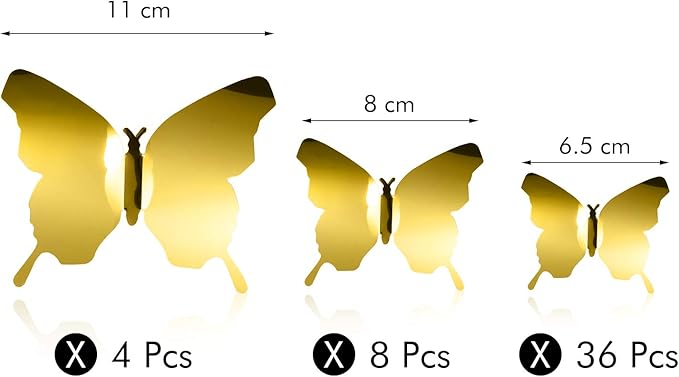 BBTO 48 Pieces Butterfly Wall Decor DIY 3D Mirror Butterfly Stickers Removable Decals Crafts for Birthday Party Bedroom School Bathroom Living Room Decor(Gold)