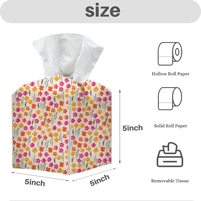 Tissue Box Cover, Tissue Box Holder, Square with Belt Bottom, PU Leather Decorative Organizer for Desk, Tabletop, Countertop Bathroom, Bedside Car, Office, Dresser Kitchen, Aesthetic Flower Decor