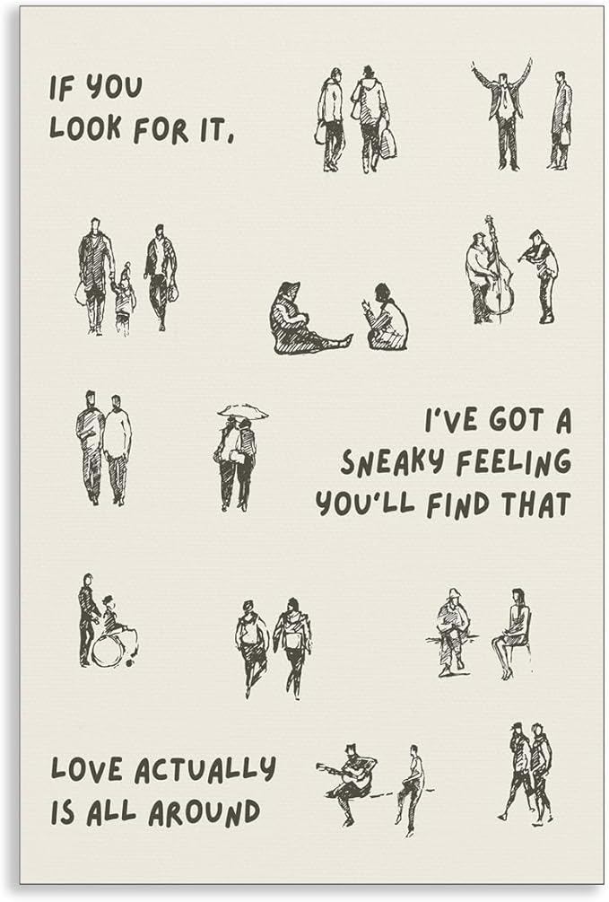 Beige and Black Canvas Wall Art, Love Actually Is All Around Warming Quote Poster, Neutral Hues Tiny People Walking Picture, Minimal Typography Print for Bedroom Living Room 12x16in Unframed