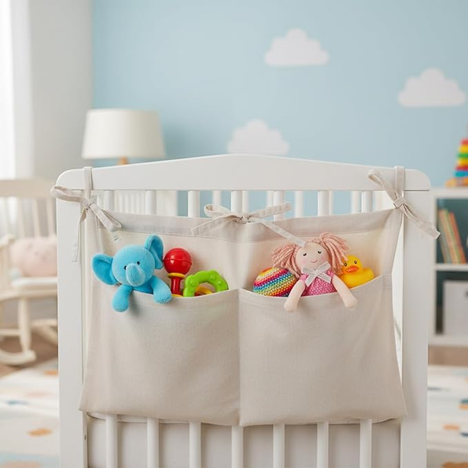 Linen Baby Bedside Hanging Storage Bag, Oatmeal 2 Pockets Milk Bottle Bib-Storage Crib Organizer Nursery Baby Nappy-Bag for Cribs Toys
