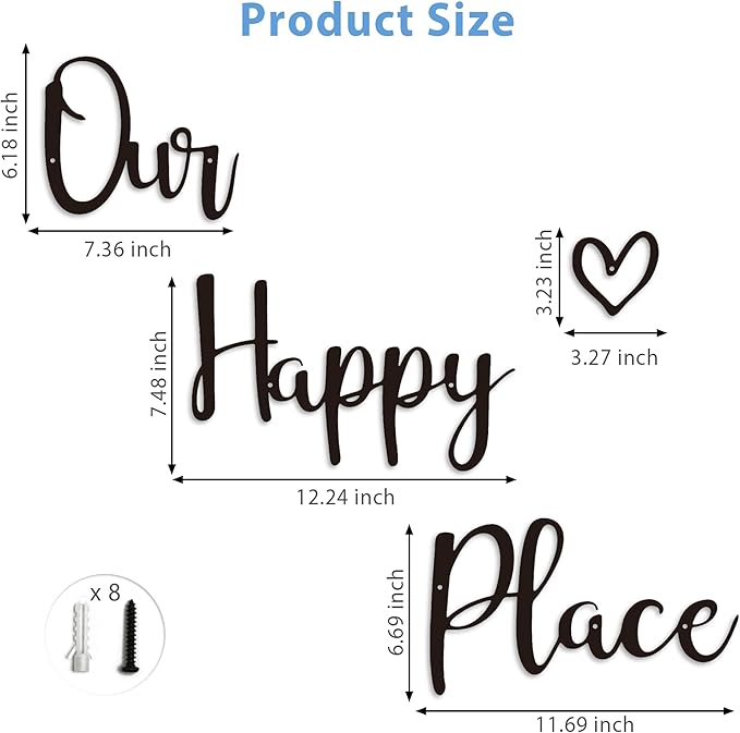 Our Happy Place Sign Metal Wall Decor Hanging Art Words Home Decor for Patio, Living Room, Bedroom, Kitchen, Bathroom and More, Black