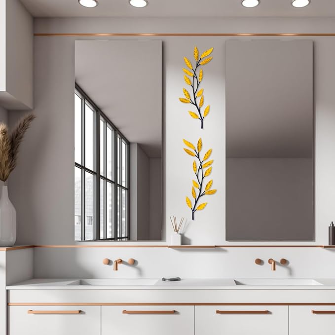 Metal Tree Leaf Wall Decor 2 PCS Rustic Vine Branch Leaf Wall Art for Living Room Bedroom Bathroom Decorations - Golden Yellow