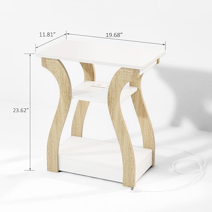 End Table Set of 2 with Charging Station, Side Table with USB Ports and Outlets, Nightstand, 3 Tier End Table with Storage Shelf for Living Room, Bedroom (White Set of 2)