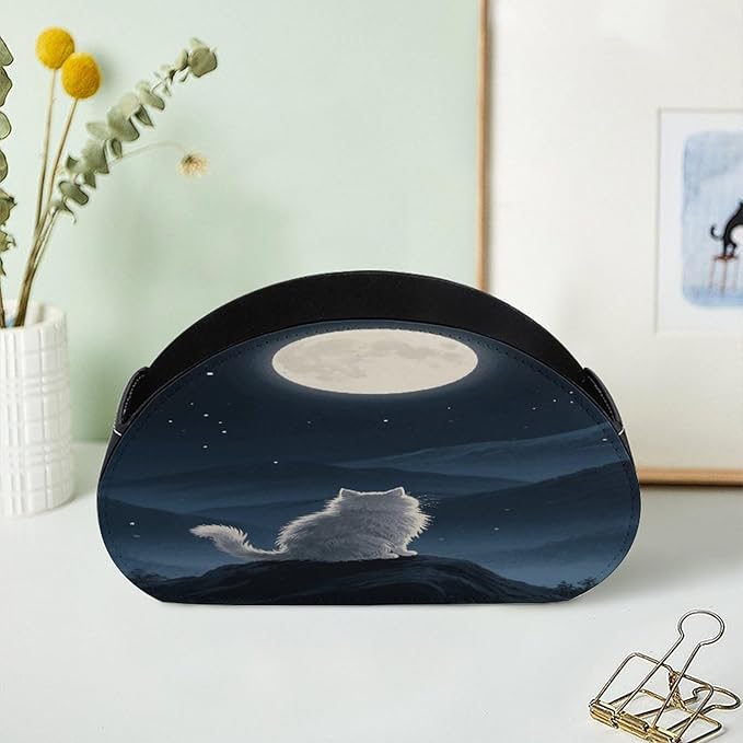 Lonely Cat Moon Remote Control Holder Organizer Box with 5 Compartment PU Leather Bedside Storage Caddy Remote Organizer for Controller Media Player Pen/Pencil Storage