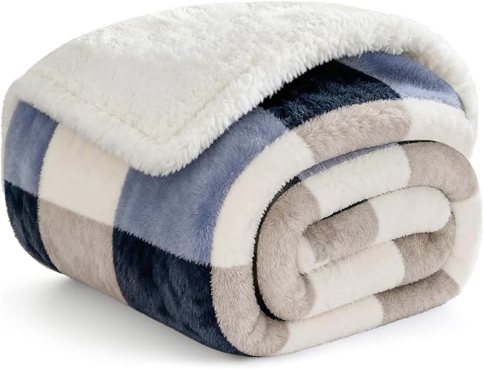 Sherpa Fleece Throw Blanket for Couch, Fluffy Plush Warm Fuzzy Blanket for Women and Men, Cozy Thick Soft Twin Blanket for Bed, Gray-Soft Blue, 80x90 Inches
