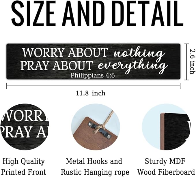 AGMDESIGN Worry About Nothing Pray About Everything Bible Verse Wood Sign, Christian Hanging Wooden Plaque for Prayer Room Church Bedroom Home, Faith-Based Wall Decor for Shelf Desk Door