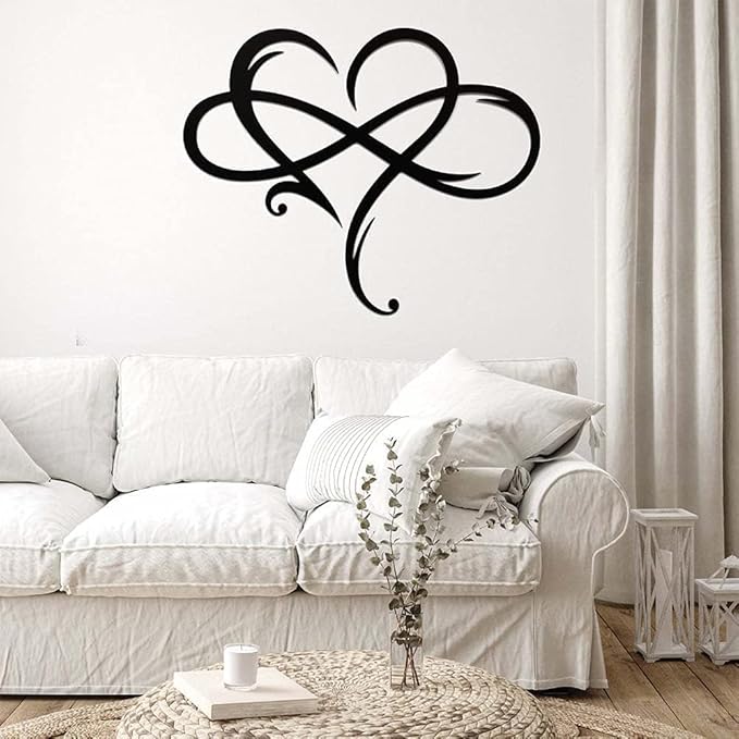 Infinity Heart Wall Decor, Unique Infinity Heart Metal Art Wall Decor Love Sign Steel Wall Plaques Bedroom Ornaments for Home Wedding Decor, Room Living Room Decoration (Black, 13.7x11.4inch)