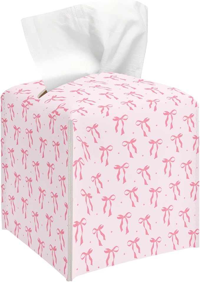 Pink Bows Tissue Box Cover, Cute Tissue Holder Square with Bottom Belt for Home Bathroom Office Vanity Countertop, Housewarming Gifts Ideas for Women Friends Mom Bestie -14