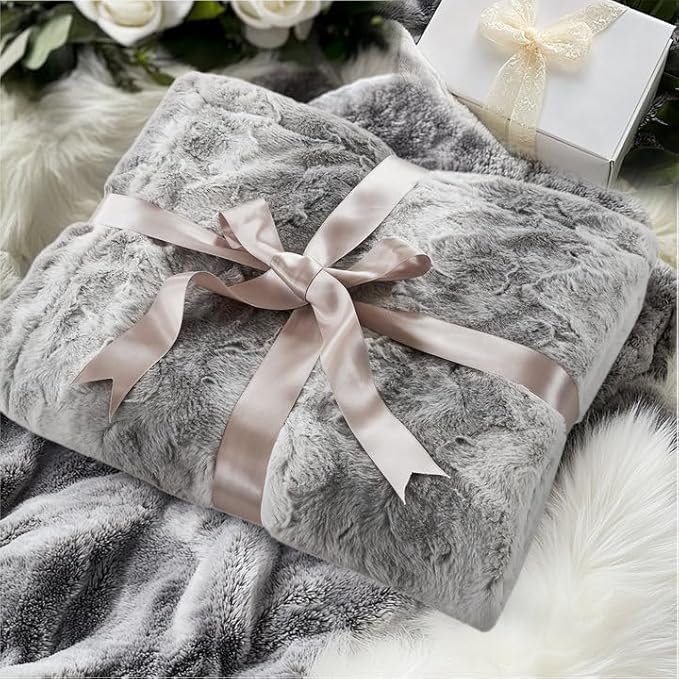 Madison Park Throw Blanket, Soft Faux Fur Blanket Plush Reversible Throw Home Decor, Luxuriously Soft All Seasons Fuzzy & Cozy Blanket, Knitted Throw for Couch, Bed Blanket, Zuri, 50x60 Grey