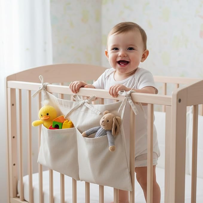 Linen Baby Bedside Hanging Storage Bag, Oatmeal 2 Pockets Milk Bottle Bib-Storage Crib Organizer Nursery Baby Nappy-Bag for Cribs Toys