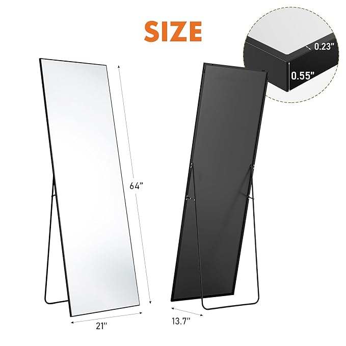 DUMOS Full Length Mirror 65"x21" Full Body Floor Mirror for Bedroom or Cloakroom, Can Stand Alone, Hang or Lean Against Wall, Tall Wall Mirror with Stand and Sleek Aluminum Alloy Thin Frame